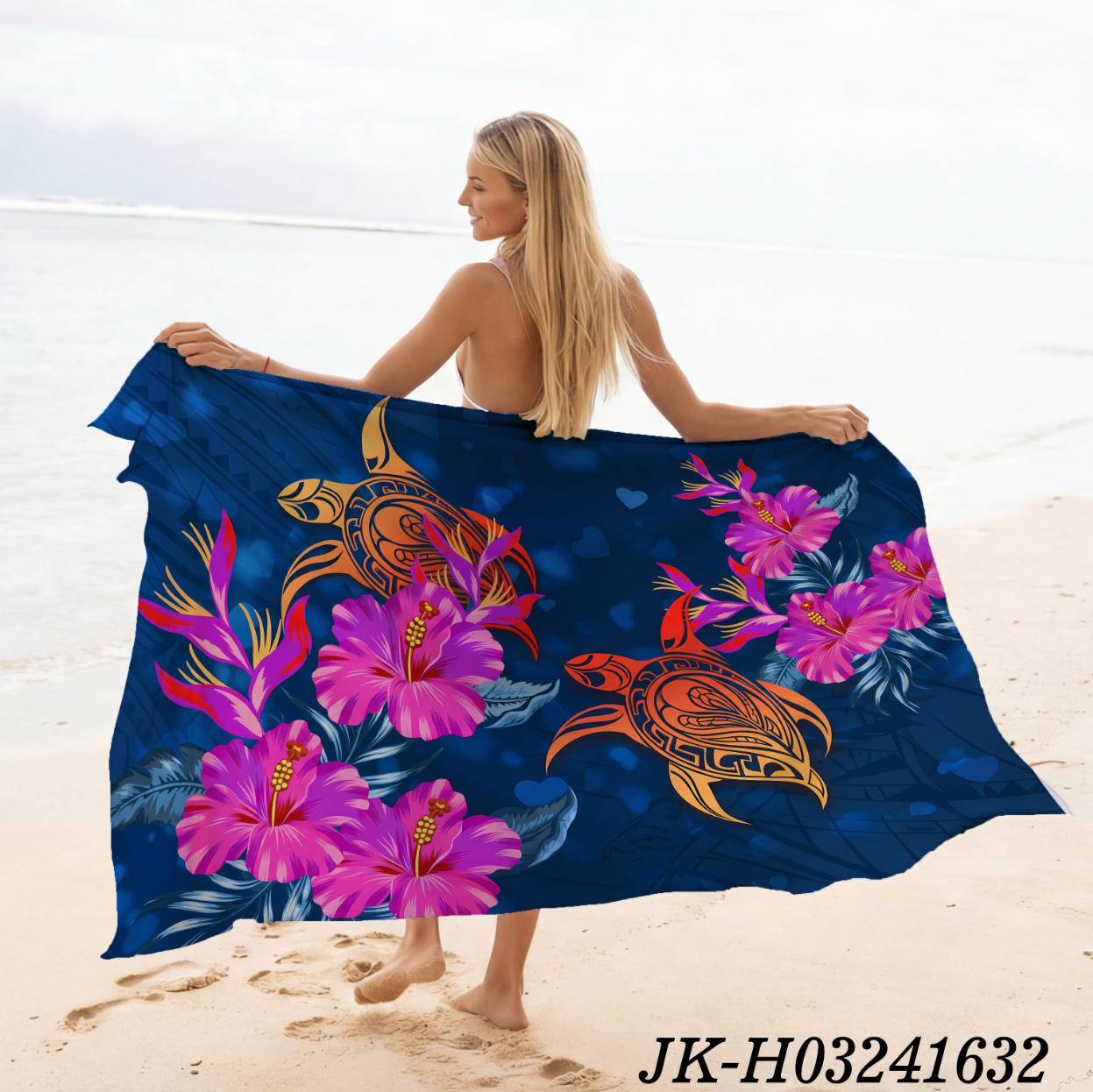 藏青色 动物印花夏威夷巴厘岛纱笼披肩|带流苏的蜡染海滩罩衫-200x114厘米