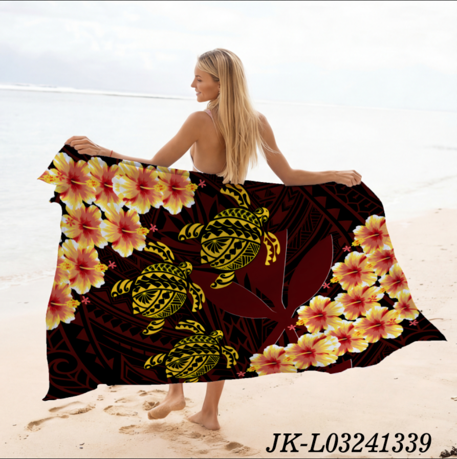 深枣红 动物印花夏威夷巴厘岛纱笼披肩|带流苏的蜡染海滩罩衫-200x114厘米