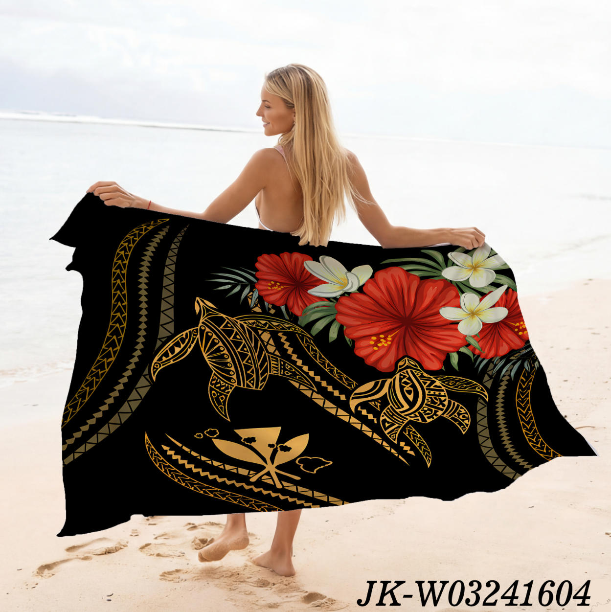 黑色 动物印花夏威夷巴厘岛纱笼披肩|带流苏的蜡染海滩罩衫-200x114厘米