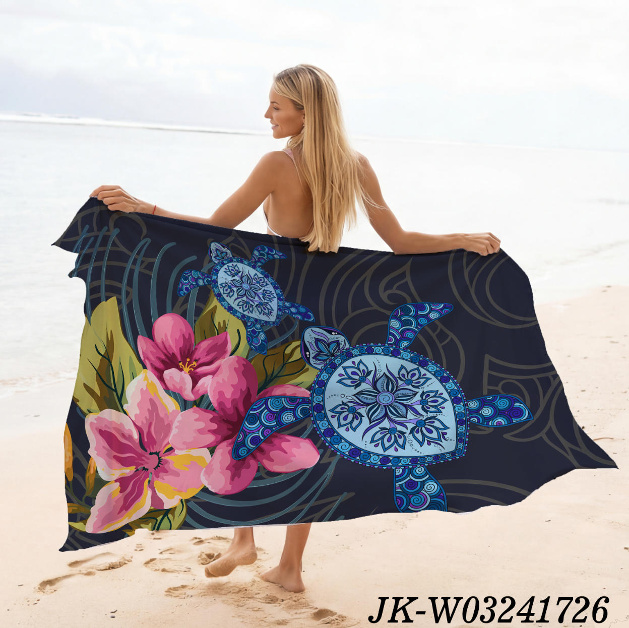 深炭黑色 动物印花夏威夷巴厘岛纱笼披肩|带流苏的蜡染海滩罩衫-200x114厘米