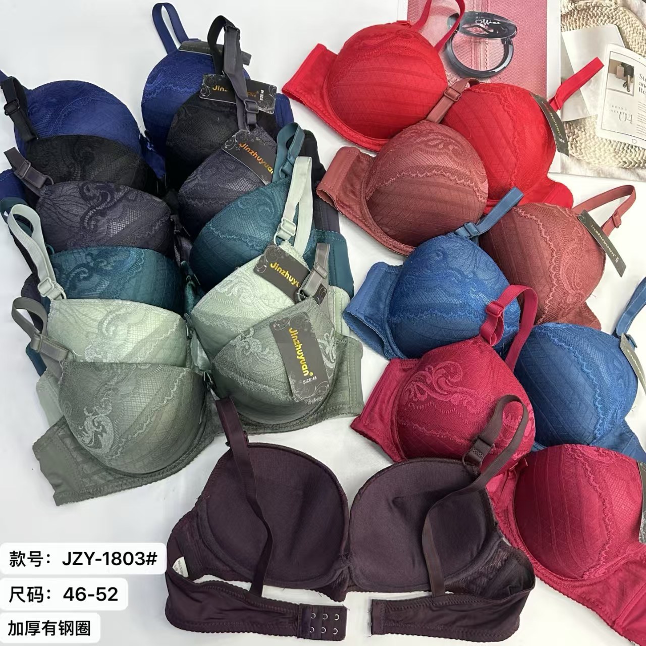 大码加厚文胸蕾丝绣花蝴蝶结有钢圈内衣防滑时尚女士文胸